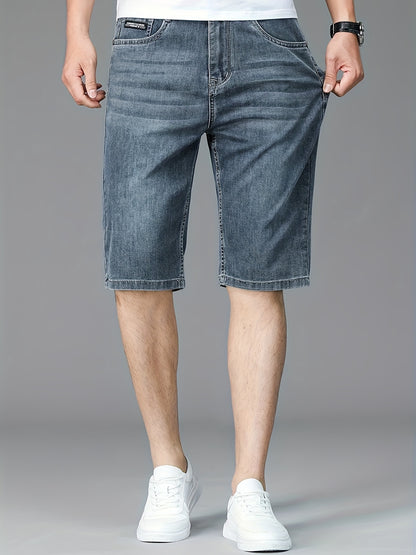 Men's Slim-Fit Denim Shorts - Casual Business Style, Mid-Waist, Stretch Fabric, Knee-Length with Pockets