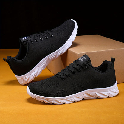 Men's Knitted Breathable Running Shoes, Lightweight Non-Slip Soft Sole, Comfortable for Outdoor Walking, Jogging, Fitness, Daily Activities, EVA Sole, Fabric Upper, Low-Top, Lace-Up Closure, Striped Pattern, All-Season Fashio