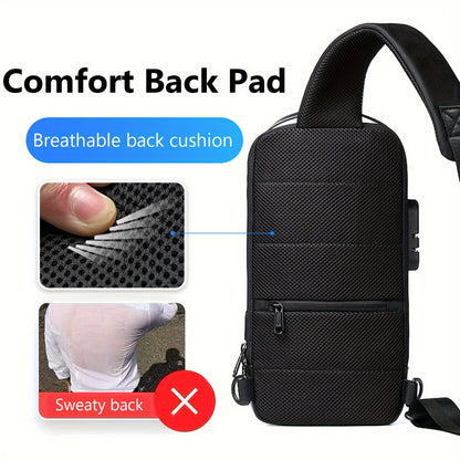 Men's Lightweight Crossbody Backpack with USB Charging Port & Password Lock, Adjustable Anti-Theft Shoulder Bag for Travel, Commuting, Daily Use - Durable Polyester Casual Daypack, Secure Travel Bag | Minimalist Backpack | Sl