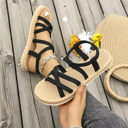 Women's Stylish Black Flat Sandals with Adjustable Ankle Straps - Breathable Fabric Upper, EVA Sole, Low Heel for Casual Wear, Beach, and Spring Outings, Strappy Sandals