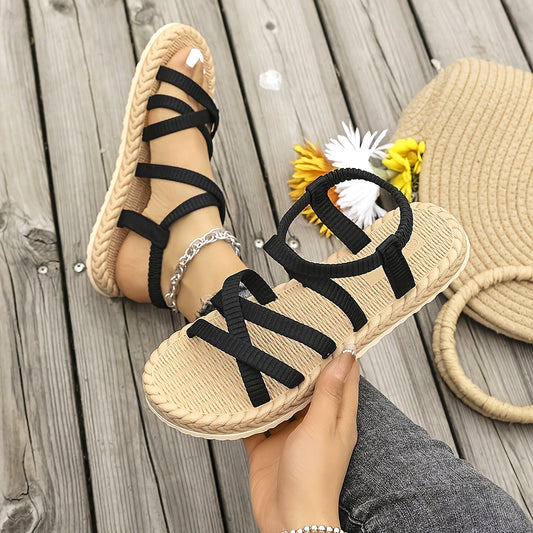 Women's Stylish Black Flat Sandals with Adjustable Ankle Straps - Breathable Fabric Upper, EVA Sole, Low Heel for Casual Wear, Beach, and Spring Outings, Strappy Sandals