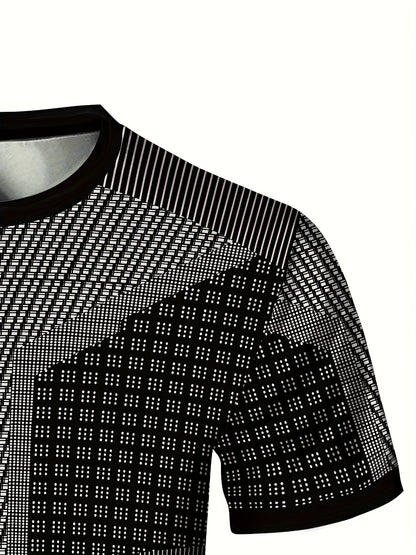 A Black And White Patterned Print Design, Men'S Sporty Fashion, Geometric Print High-Elastic Tight-Fitting Short-Sleeve Round-Neck T-Shirt, Quick-Drying Sports Top for Summer Fitness, Training, And Workout, with a Cool Feel,