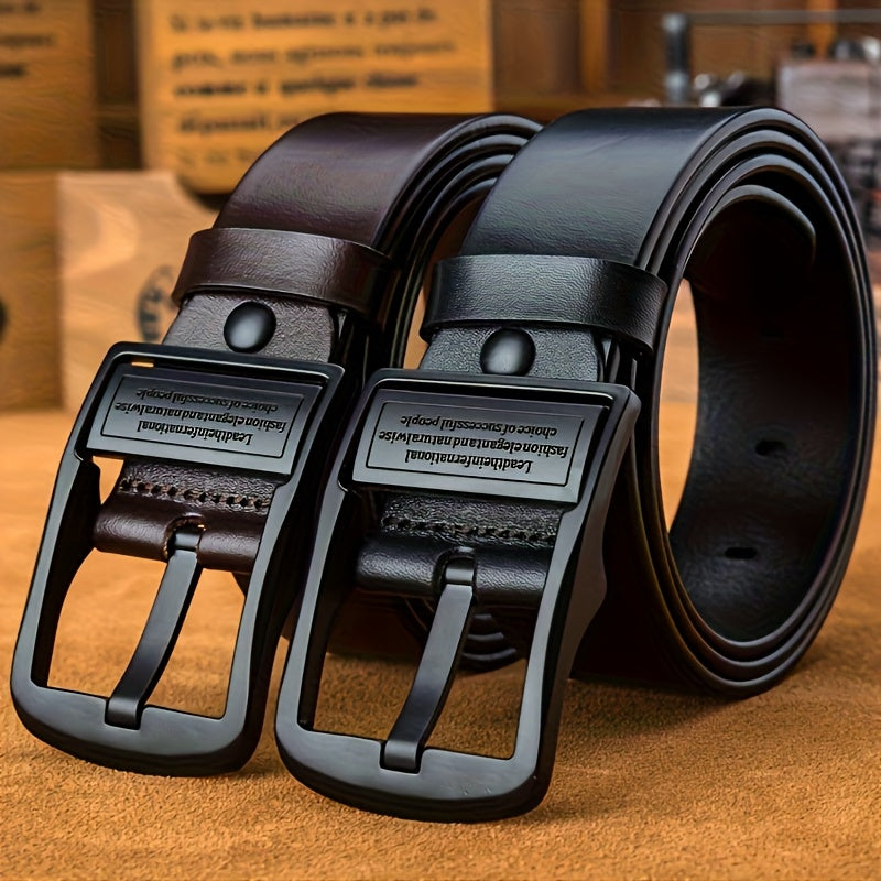 2pcs Men'S Premium Faux Leather Belt with Vintage Square Alloy Buckle - Double-Sided Durable Black Business Casual Belt, Multiple Sizes, Ideal Father'S Day Gift
