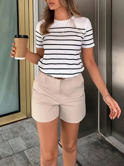 Women'S Y2K Green & White Striped T-Shirt - Casual, Versatile Top for Spring/Summer, Short Sleeve, Round Neck, Casual Attire | Casual Style | Glossy Finish