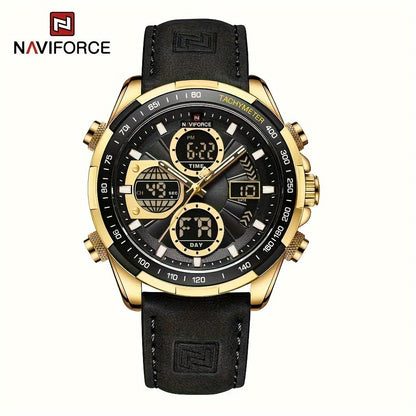 NAVIFORCE Men's Luxury Sports Quartz Watch - Waterproof, Genuine Leather Strap, Dual Display with Date & Chronograph Functions, Case, Green Accents, Luxury Timepiece|Tachymeter Equipped|Genuine Leather Band Valentine's Day