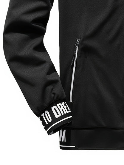 Men'S Casual Sportswear Set - Beige Zip-Up Jacket & Joggers with "DARE TO BE" Print, Long Sleeve, Pockets, and Drawstring Waist, Perfect for Running and Leisure Activities, Spring/Fall Collection, Spring Fall Attire | Zipup J