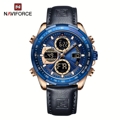 NAVIFORCE Men's Luxury Sports Quartz Watch - Waterproof, Genuine Leather Strap, Dual Display with Date & Chronograph Functions, Case, Green Accents, Luxury Timepiece|Tachymeter Equipped|Genuine Leather Band Valentine's Day