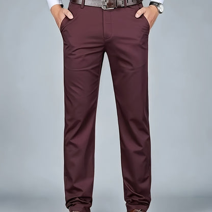 [Durable Build] Men's All-Season Casual Dress Pants - Business Style Stretch Trousers, Comfortable Classic Design, Light Brown Polyester Blend, Machine Washable, Smooth Finish, Regular Fit for Office or Leisure Wear