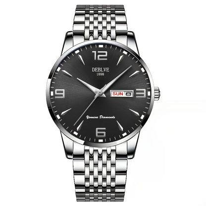 DEBLVE Men's Sleek Business Watch - Ultra-Thin Alloy, Luminous Hands, Calendar & Week Display, Waterproof, Sporty Steel Strap with Secure Clasp