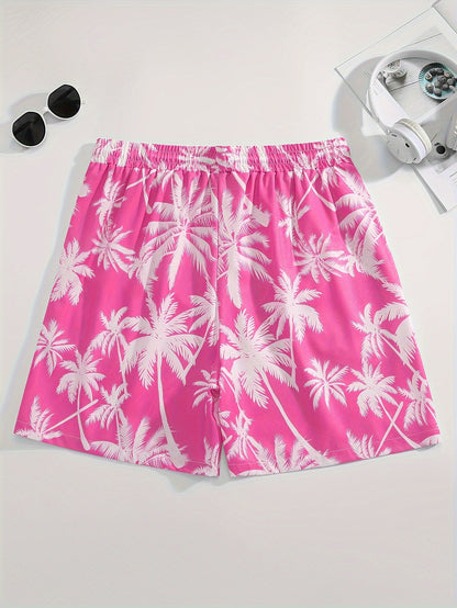 Men's Tropical Coconut Tree Print Drawstring Shorts - Casual, Loose-Fit Beachwear with Pockets