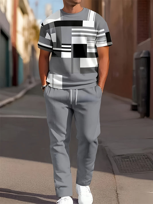 Men'S Casual Geometric Sweat Suit - Sporty Polyester Blend, Crew Neck, Short Sleeve, Regular Fit, All-Season Track Suit