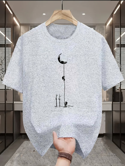 Men's Casual Graphic T-Shirt - Soft Polyester Blend, Crew Neck, Short Sleeve, Summer Style with Unique Moon and Figures Print, Lightweight and Comfortable for Casual Attire, Everyday Tshirt | Artistic Design Shirt | Lightweig