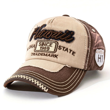 HAWAII Vintage Distressed Baseball Cap - Adjustable Lightweight Unisex Hat with 3D Embroidered Aloha Text, Dual-Tone Beige & Brown, Breathable Design for Men & Women, Daily Use & Vacation, Hawaiian Accessories, Casual Headwea