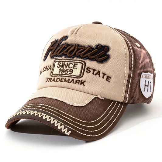 HAWAII Vintage Distressed Baseball Cap - Adjustable Lightweight Unisex Hat with 3D Embroidered Aloha Text, Dual-Tone Beige & Brown, Breathable Design for Men & Women, Daily Use & Vacation, Hawaiian Accessories, Casual Headwea