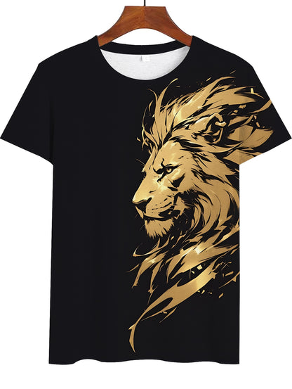 New Lion 3D Print Pattern, Casual Short Sleeve Round Neck T-Shirt, Outdoor Men's Clothing