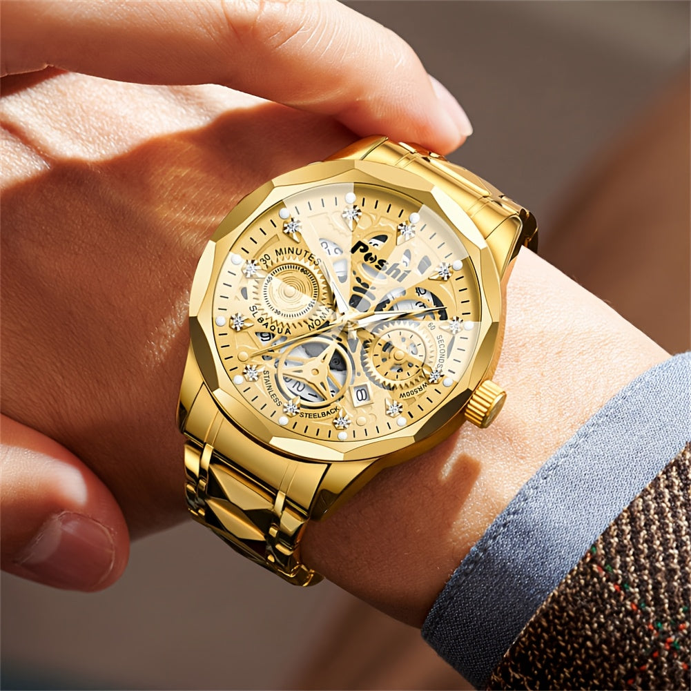 POSHI Men's Luxury Golden-Tone Quartz Watch with Rhinestone Accents, Luminous Waterproof Design, Calendar Feature, and Stylish Hexagonal Hands - Perfect Business Gift for Men, Formal Timepiece