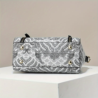 Elegant Floral Embroidered Handbag for Women - Adjustable Strap, Zipper Closure, Polyester Lining, Black & White Floral Pattern, Perfect Gift for Mom Or Family, Small Crossbody Purse, Stylish Accessory, Durable Construction