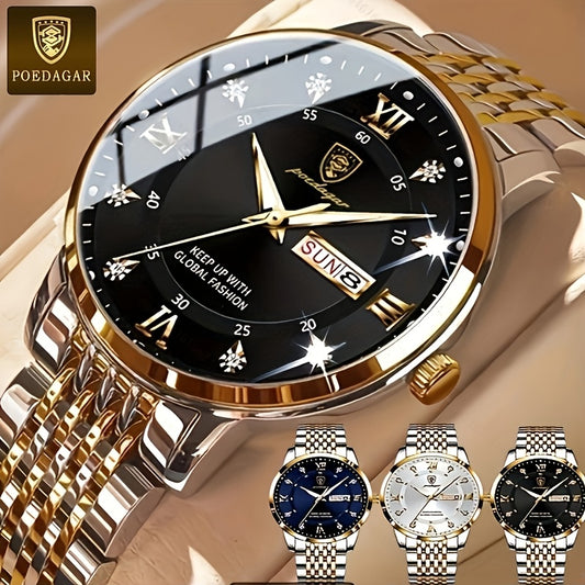 POEDAGAR Classic Men'S Stainless Steel Quartz Watch, IPX8 Luminous Weekly Calendar Watch for Men, Perfect Gift Option, Suitable for Women