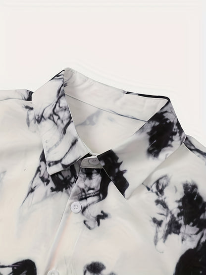 2pcs, Men'S Short-Sleeved Button- Collar Shirt, Print Pattern, Paired with Drawstring Shorts, Men'S Trendy Casual Daily Wea