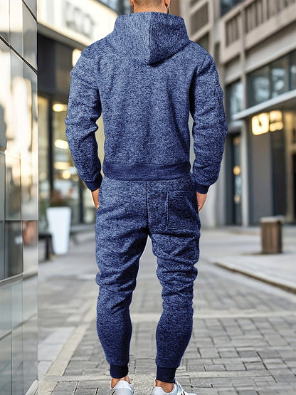 Men's Casual Sports Hoodie and Pants Set with Zipper, Drawstring, Fleece-Lined - Polyester Blend, Machine Washable