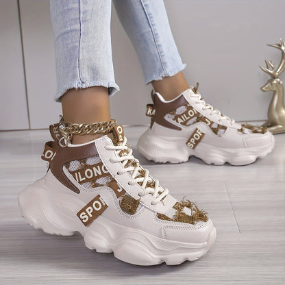 Women'S High-Top Fashion Sneakers with Plaid Pattern, Lightweight EVA Sole, Lace-Up Closure, Fabric Insole, and Tassel Embellishment - All-Season Sports Shoes with Random Printing Design, Ladies Sneakers