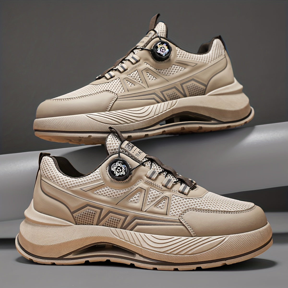 Men's 2025 New Casual Athletic Running Shoes - Thick-Sole Hiking & Basketball Sneakers with Breathable PU/Fabric Upper, Durable PVC Outsole, Beige/Black Colorway for Outdoor, Streetwear & Everyday Comfort, Round Toe Design |