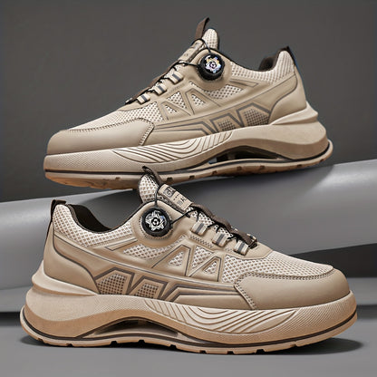 Men's 2025 New Casual Athletic Running Shoes - Thick-Sole Hiking & Basketball Sneakers with Breathable PU/Fabric Upper, Durable PVC Outsole, Beige/Black Colorway for Outdoor, Streetwear & Everyday Comfort, Round Toe Design |