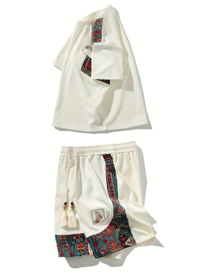 2pcs Men's Summer Casual Outdoor Set, Fashion Ethnic Style Round Neck Short Sleeve T-Shirt and Shorts Suit with Embroidery Design Loose Fit, Short Sleeve + Drawstring Shorts Combo, Suitable for Summer Outdoor Activities