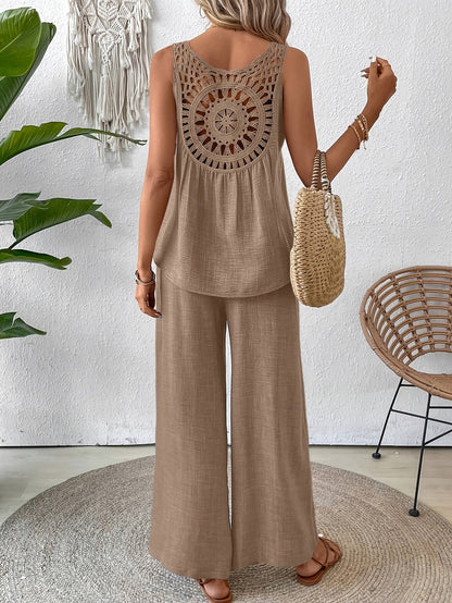 Women'S Summer Backless Cut-Out Panel Tank Top + Wide Leg Pants Set - Casual, Simple, Sleeveless, Polyester, Light Beige, Perfect for Spring/Summer, Casual Attire|Backless Top|Polyester Fabri