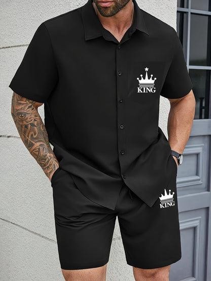 Men's Casual Short Sleeve Collar Shorts Printed Fashion Suit