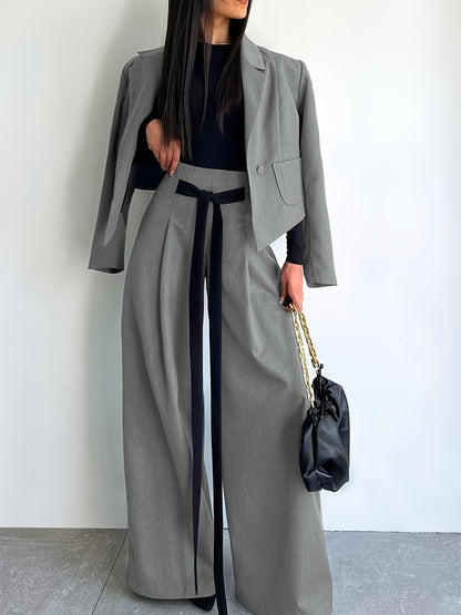 BK052044 Elegant Suit Jacket and Waist-Tie Loose Straight-Leg Wide-Leg Pants Women's Two-Piece Suit