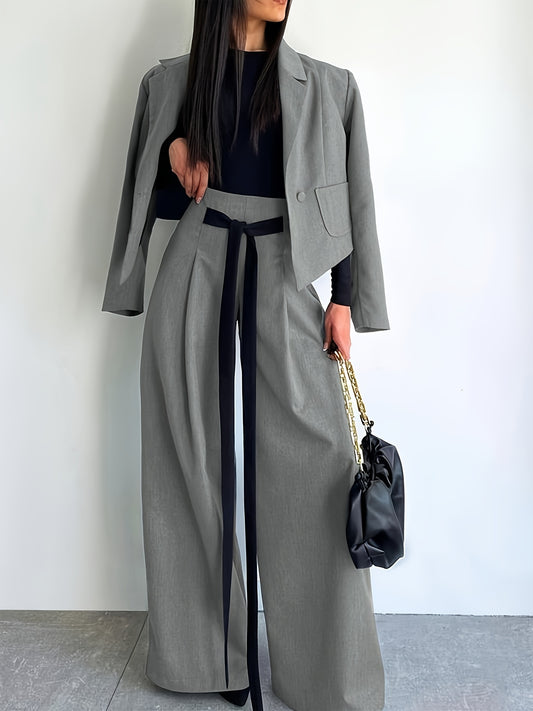 BK052044 Elegant Suit Jacket and Waist-Tie Loose Straight-Leg Wide-Leg Pants Women's Two-Piece Suit