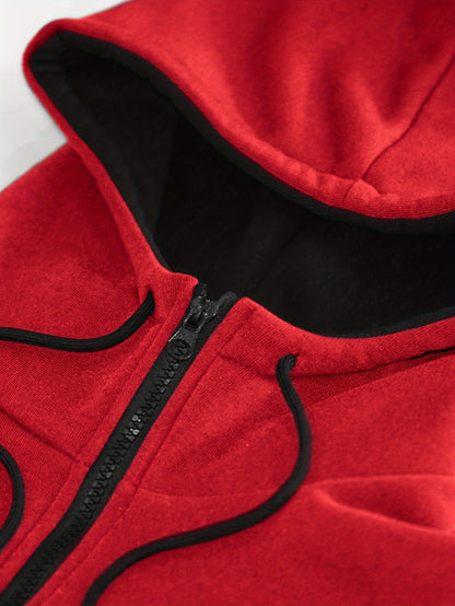 Men'S Autumn and Winter Fleece Sweatshirt Set with Hooded Drawstring Patchwork Sweatpants Casual Sporty Style Long Sleeve Jacket