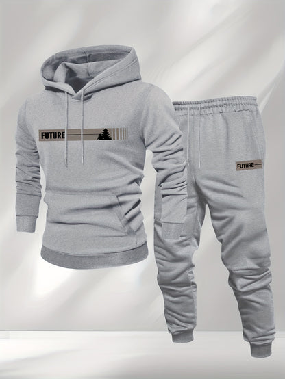 New Autumn and Winter Men's Fleece-Lined Hooded Sweatshirt Set with Print, Long-Sleeve Hoodie and Drawstring Pants for Couples