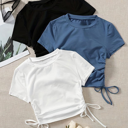 3 Pack Drawstring Crew Neck T-Shirt, Casual Short Sleeve T-Shirt For Spring & Summer, Women's Clothing