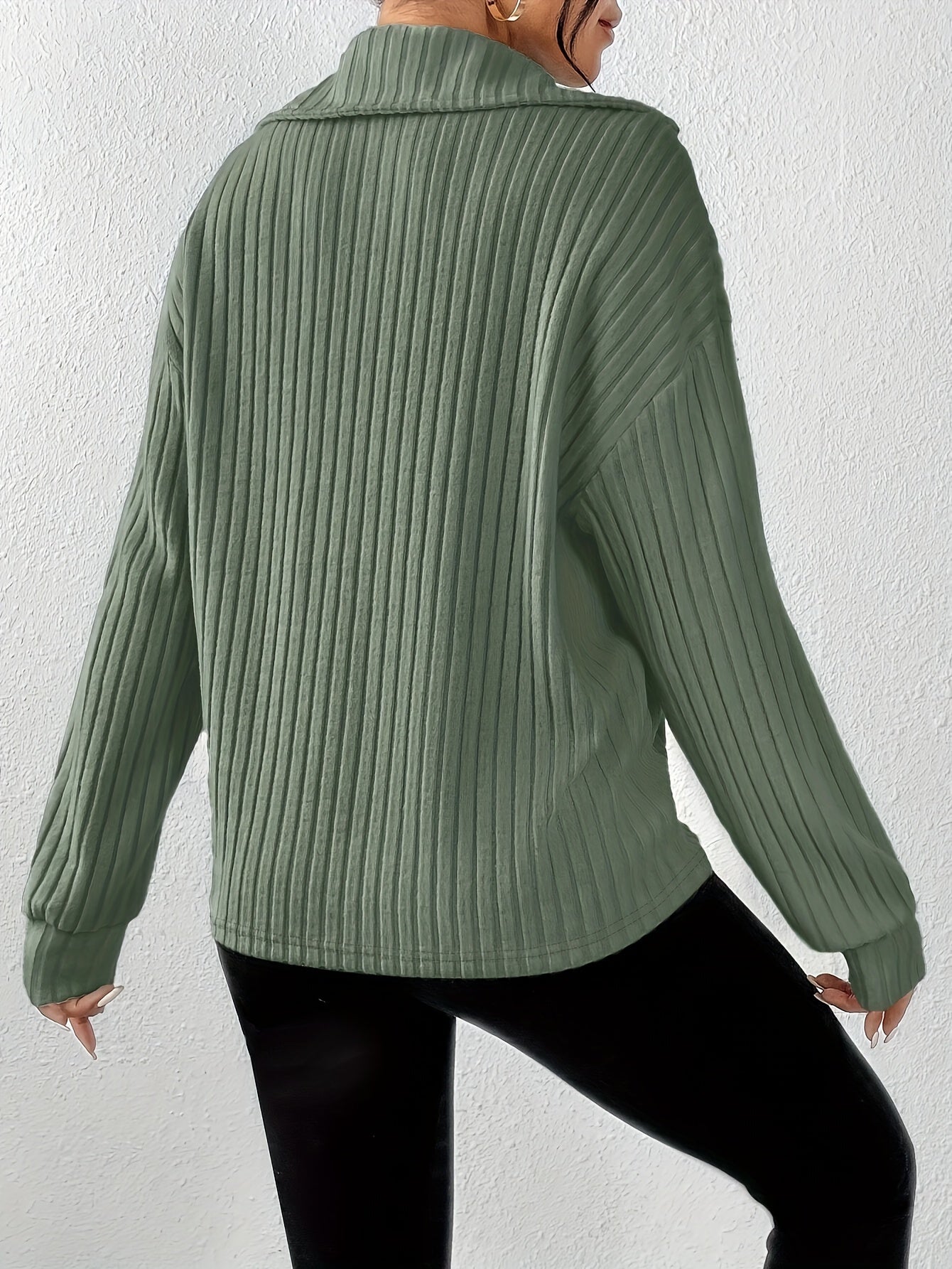 [Everyday Elegance] Women's Elegant Ribbed Knit Collared T-Shirt - Black, Long Sleeve, Zip-Up Design, Soft Polyester Blend, Machine Washable, Perfect for Spring & Fall, Ladies T Shirts