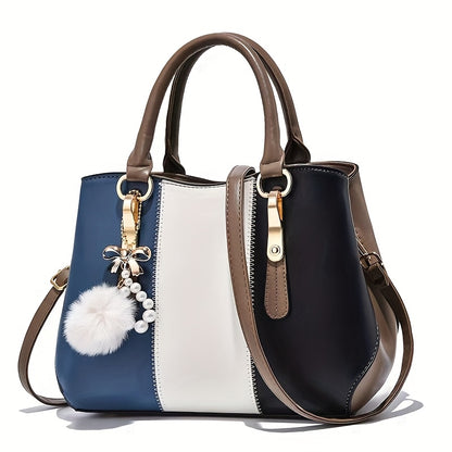 Stylish Women'S Shoulder Bag with Detachable Strap - Large Capacity, Geometric Pattern, White, Blue, and Brown, Perfect for Work, Parties, and Everyday Use, Party Accessory | Geometric Pattern Bag | Durable Zipper Closure, Pu