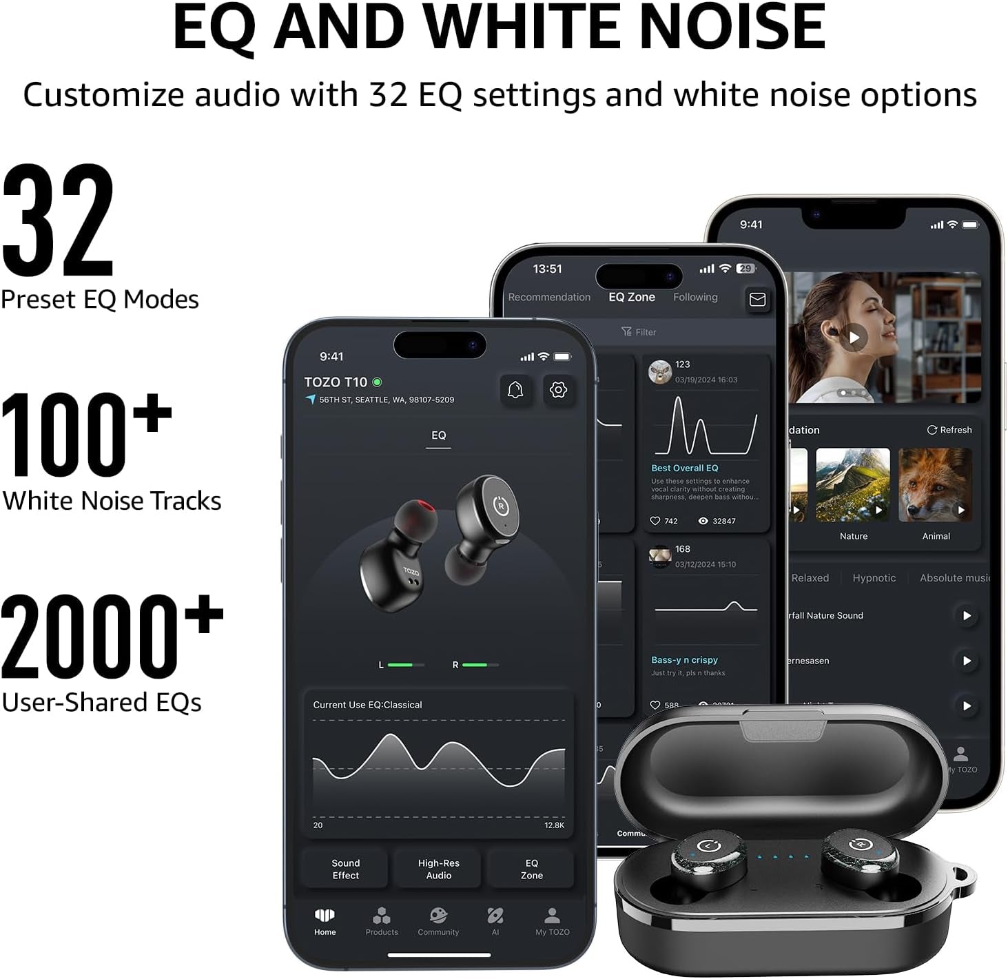 TOZO T10 (Classic Edition) Bluetooth 5.3 Wireless Earbuds with Wireless Charging Case IPX8 Waterproof Stereo Headphones in Ear Built in Mic Headset Premium Sound with Deep Bass, 32 Preset Eqs via APP