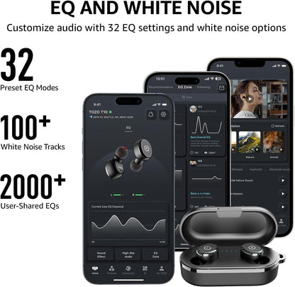 TOZO T10 (Classic Edition) Bluetooth 5.3 Wireless Earbuds with Wireless Charging Case IPX8 Waterproof Stereo Headphones in Ear Built in Mic Headset Premium Sound with Deep Bass, 32 Preset Eqs via APP