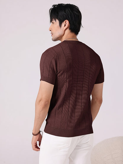 Men's Slim Fit Striped Textured Knit Crew Neck T-Shirt - High Elasticity Short Sleeve Casual Top for Spring/Autumn, Breathable Daily Leisurewear, Spring Fashion, Classic Style, Durable Construction, Pullover Shirt, Stylish Me