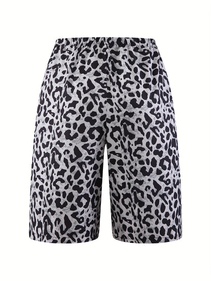 Women's Plus Size Leopard Print Wide-Leg Beach Shorts - Casual Vacation Style, High-Rise with Faux Drawstring, Lightweight Polyester, Black & Gray Animal Pattern, Perfect for Summer Outings, Beachwear Shorts | Tropical Vacati