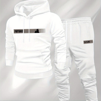 New Autumn and Winter Men's Fleece-Lined Hooded Sweatshirt Set with Print, Long-Sleeve Hoodie and Drawstring Pants for Couples