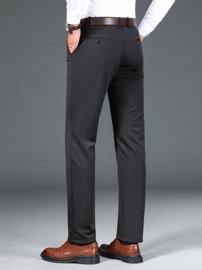 1pc Men'S Warmth Business Casual Pants, Fall/Winter Fleece-Lined Thickened Straight-Leg Trousers with Slant Pockets, Solid Color Knit Fabric Regular Fit Dress Pants with Zipper Closure, Medium Stretch Polyester