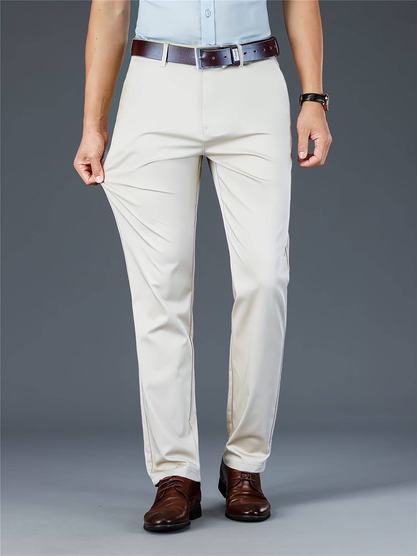 [Durable Build] Men's All-Season Casual Dress Pants - Business Style Stretch Trousers, Comfortable Classic Design, Light Brown Polyester Blend, Machine Washable, Smooth Finish, Regular Fit for Office or Leisure Wear