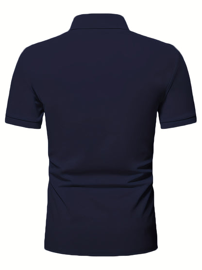 Casual Stretch Men's Solid Color Zipper Lapel Golf Shirt, Male Summer Streetwear