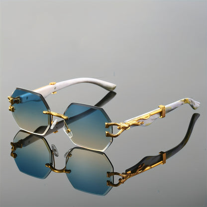 1pc Retro Frameless Glasses for Men & Women, Irregular Shaped PC Lens, Metal Hinge, Climbing Sports, Imitation Wood Grain, Fashionable Decorative Eyewear, Suitable for Daily Wear & Holiday