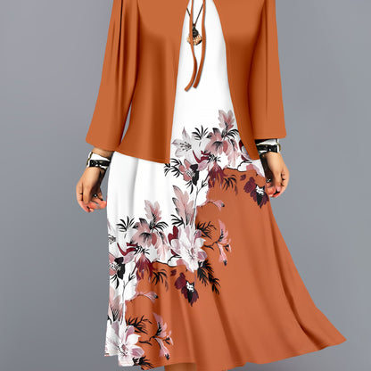 Fashion Women's solid color small cardigan and floral print patchwork dress two-piece set