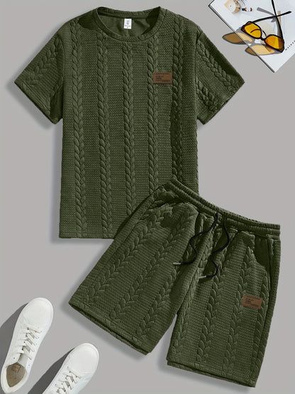 Casual Crew Neck Short Sleeve T-Shirt & Drawstring Shorts - Brown, Summer Outfit