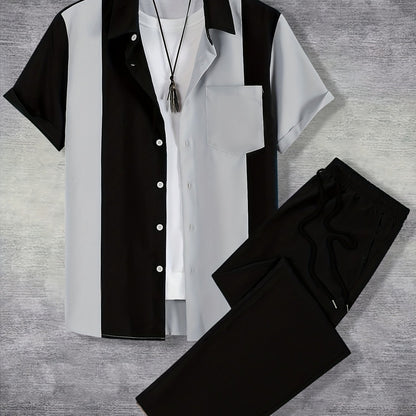 Men'S Casual Two-Piece Spring/Summer Color Block Short Sleeve Shirt and Pants Set - Polyester, Regular Fit, Button-Up with Pocket, No Belt, All-Season Wear, Casual Attire|Casual Style|Polyester Fabric