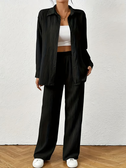 Women'S Casual Solid Color Long Sleeve Shirt + Long Pants 2pcs Set for Spring And Autumn.